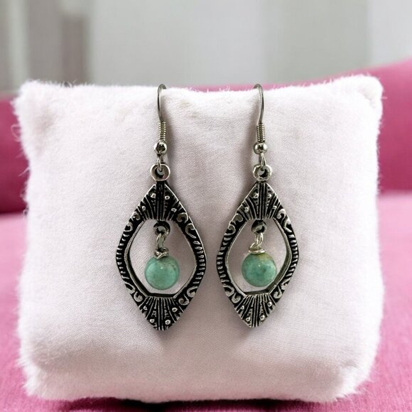 Antique Silver Pewter Peruvian Turquoise Earrings - Picture 10 of 10